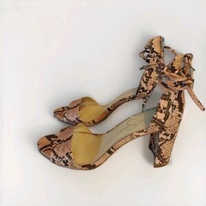 Jessica Simpson Chunky High Heels Sz 9.5M Pink Snakeskin Open Toe Ankle Tie Wild